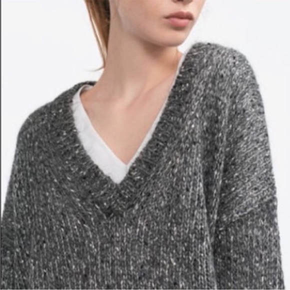 Zara Knit Slouchy Vneck Alpaca Blend Sweater S Gray Silver Sequins - Picture 1 of 6